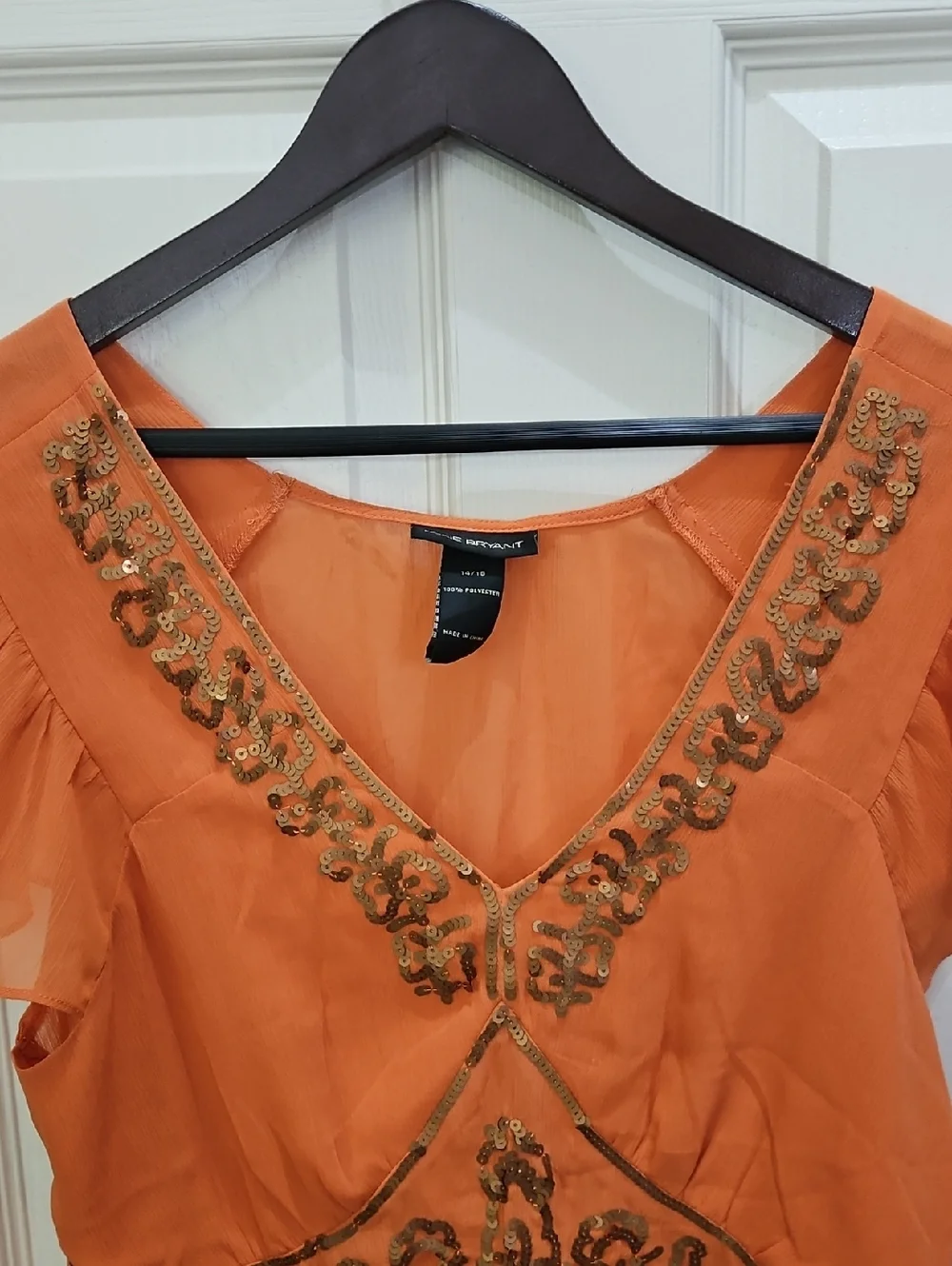 Lane Bryant Orange Sequined Sheer Blouse Flutter Sleeve Boho Top Sz 14/16